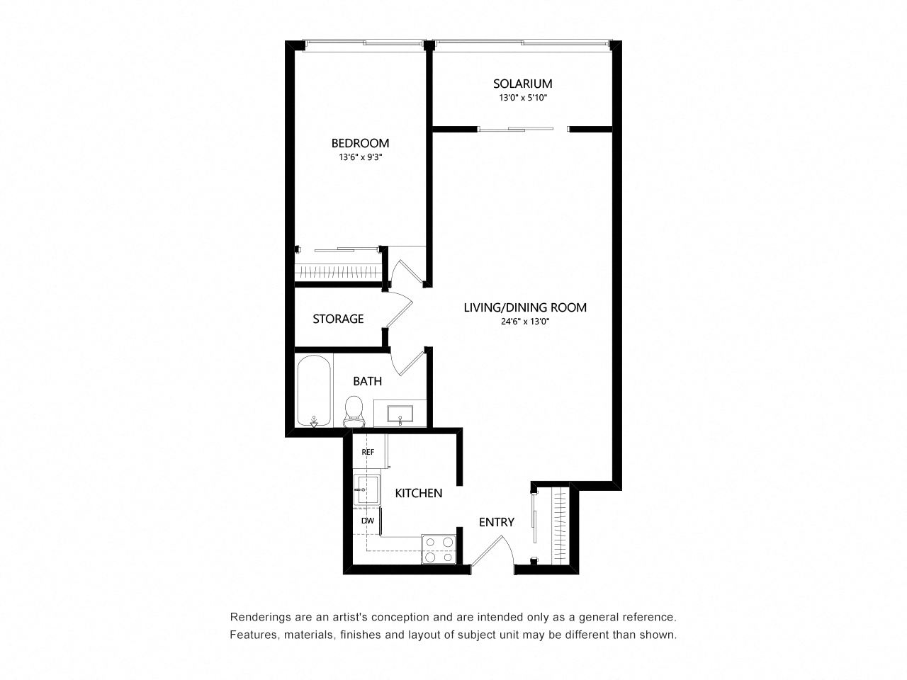 Floor plan for 1 bed, 1 bath, 782 sqft